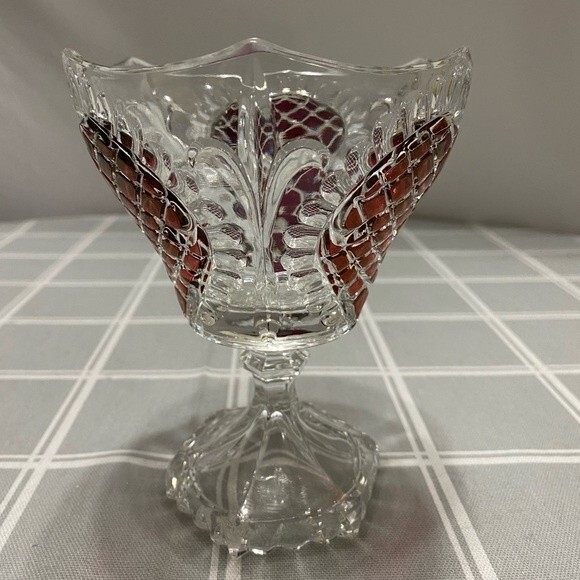Vtg Ruby Red Glass Pedestal Bowl Diamond Point Teardrop 3 Sided Dish Unique - Picture 2 of 8